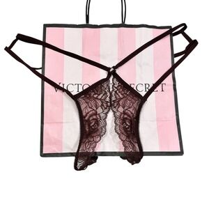 NWT Victoria's Secret Crotchless Lace Thong High Leg G String Brown Large
